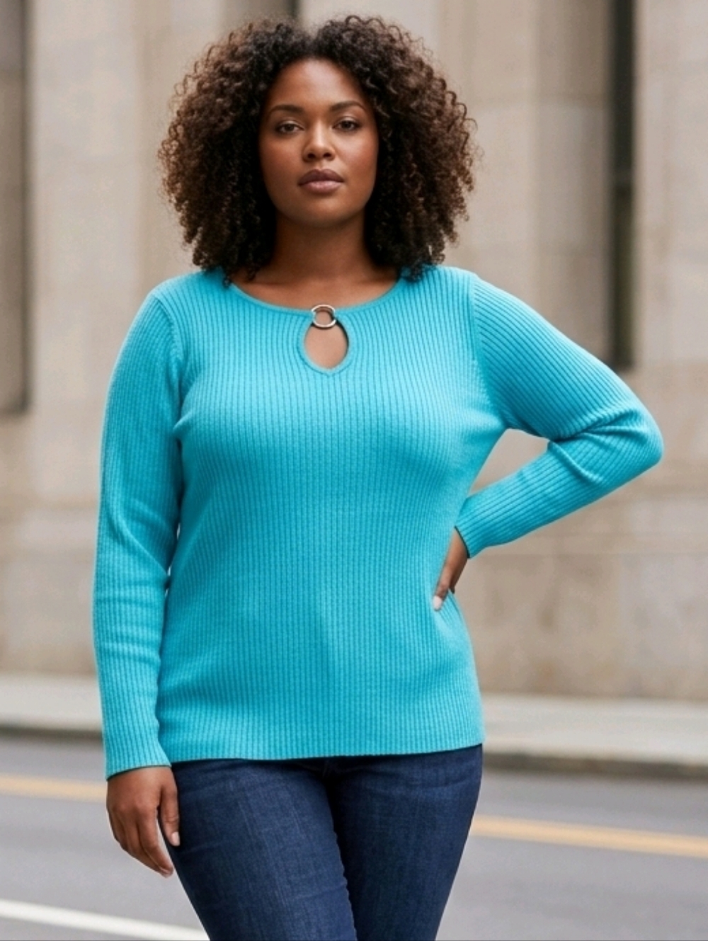 Lane Bryant Aqua Ribbed Sweater Keyhole Ring Neck Spring Knit 18/20 Color Pop 2X